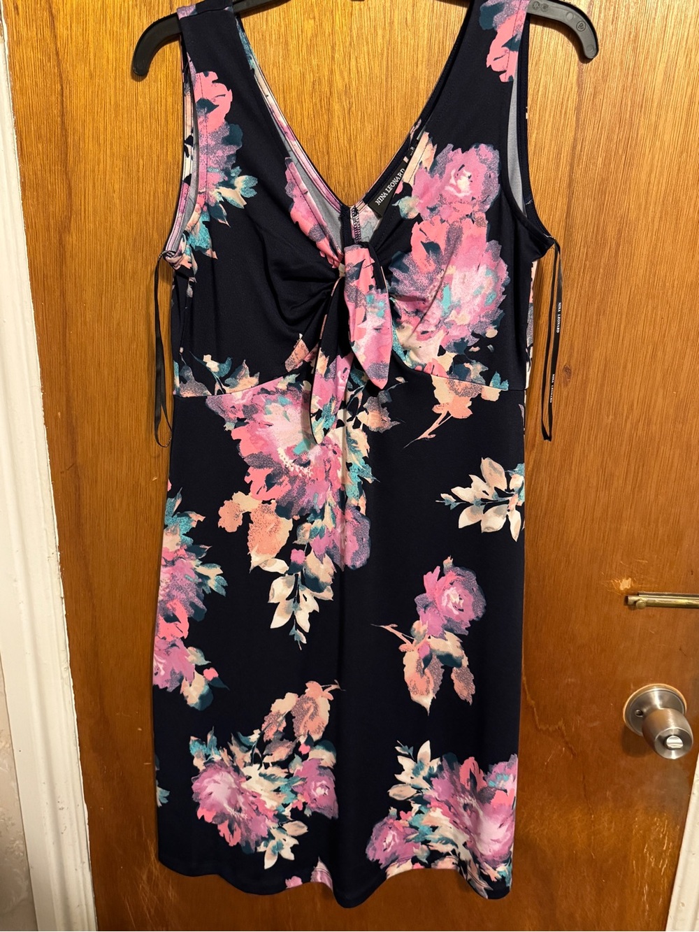 Nina Leonard Navy Midi Dress with Pink Floral Print
